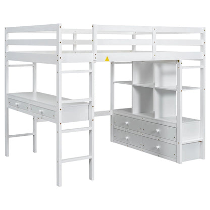 White Full Size Pine Loft Bed with Built-in Desk & Drawers