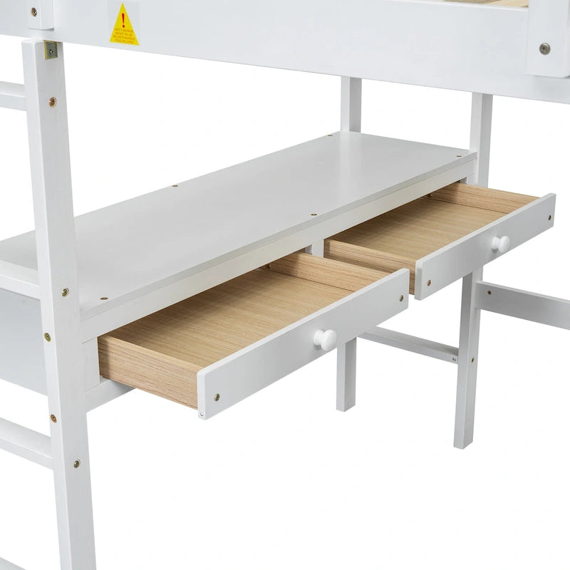 White Full Size Pine Loft Bed with Built-in Desk & Drawers