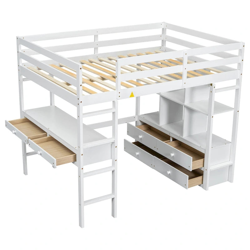 White Full Size Pine Loft Bed with Built-in Desk & Drawers