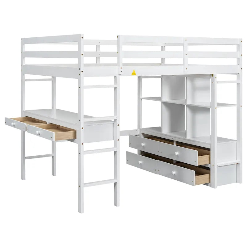 White Full Size Pine Loft Bed with Built-in Desk & Drawers