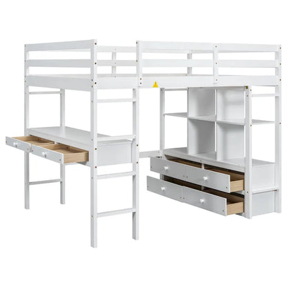 White Full Size Pine Loft Bed with Built-in Desk & Drawers