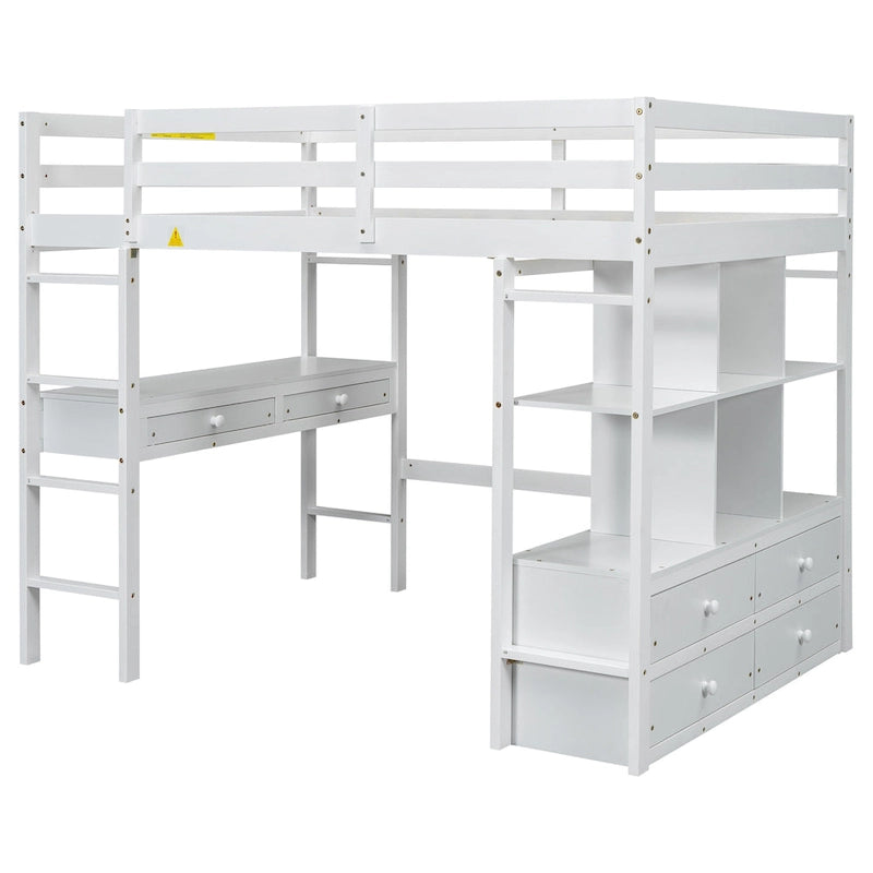 White Full Size Pine Loft Bed with Built-in Desk & Drawers