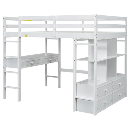 White Full Size Pine Loft Bed with Built-in Desk & Drawers
