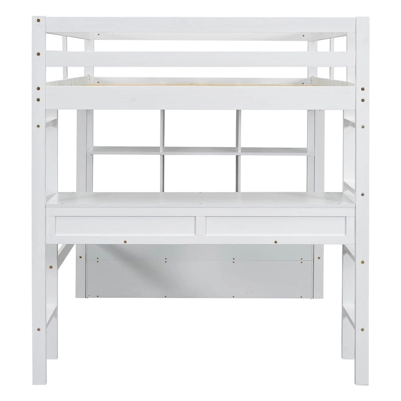 White Full Size Pine Loft Bed with Built-in Desk & Drawers