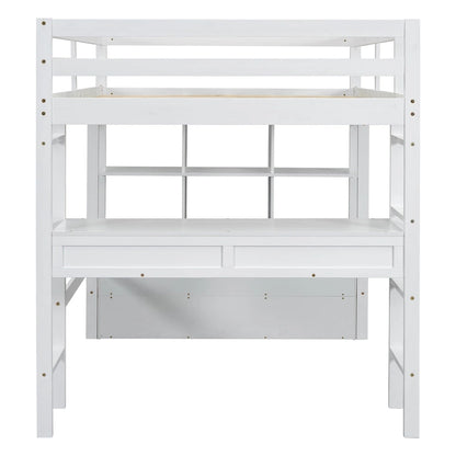 White Full Size Pine Loft Bed with Built-in Desk & Drawers