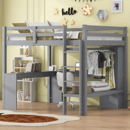 Solid Wood Loft Bed with L-shaped Desk & Storage
