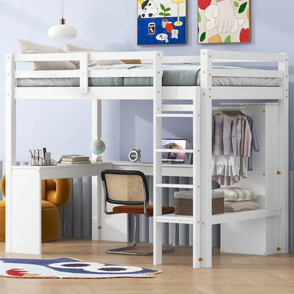 Solid Wood Loft Bed with L-shaped Desk & Storage