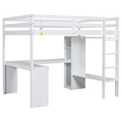 Solid Wood Loft Bed with L-shaped Desk & Storage