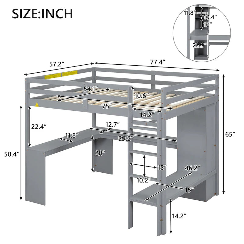 Solid Wood Loft Bed with L-shaped Desk & Storage