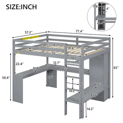 Solid Wood Loft Bed with L-shaped Desk & Storage