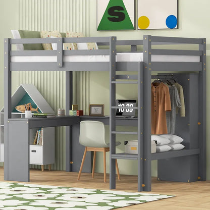 Solid Wood Loft Bed with L-shaped Desk & Storage