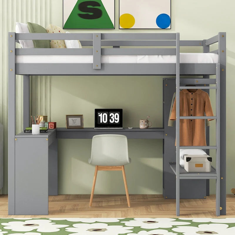 Solid Wood Loft Bed with L-shaped Desk & Storage