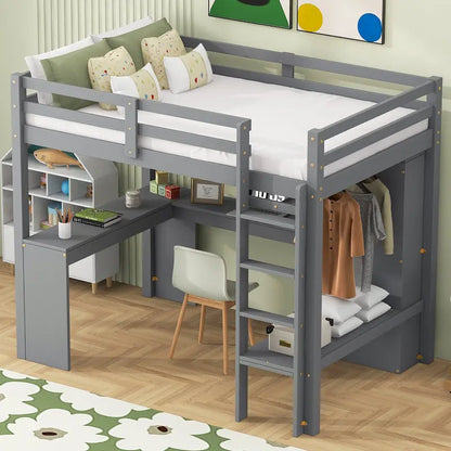 Solid Wood Loft Bed with L-shaped Desk & Storage