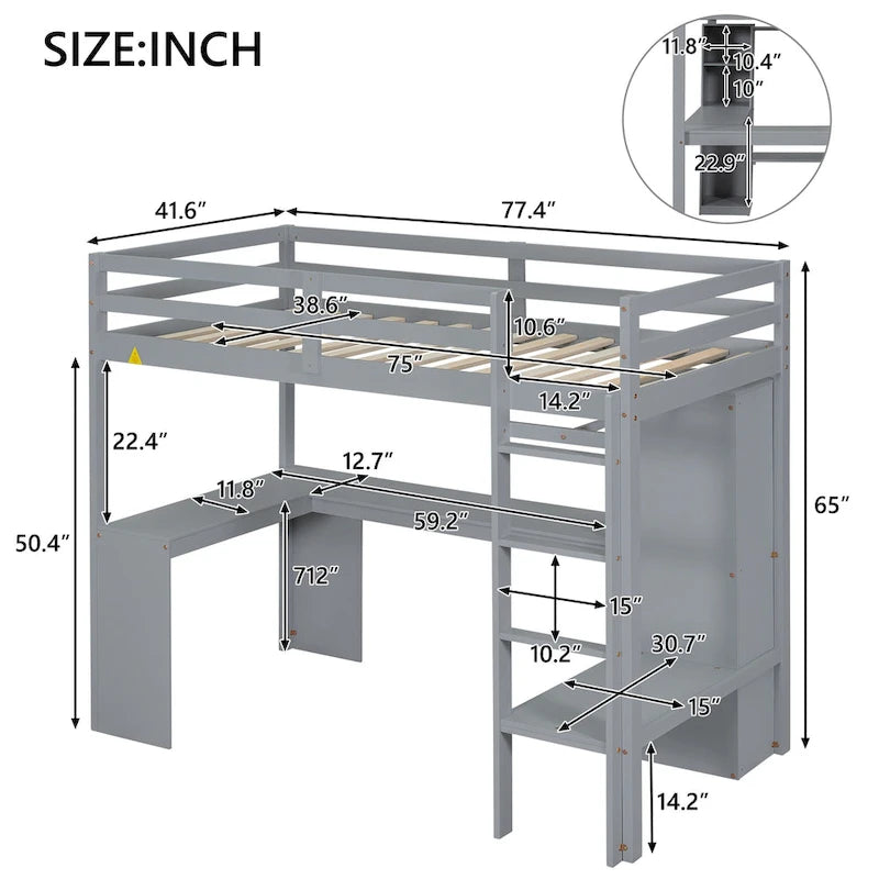 Solid Wood Loft Bed with L-shaped Desk & Storage