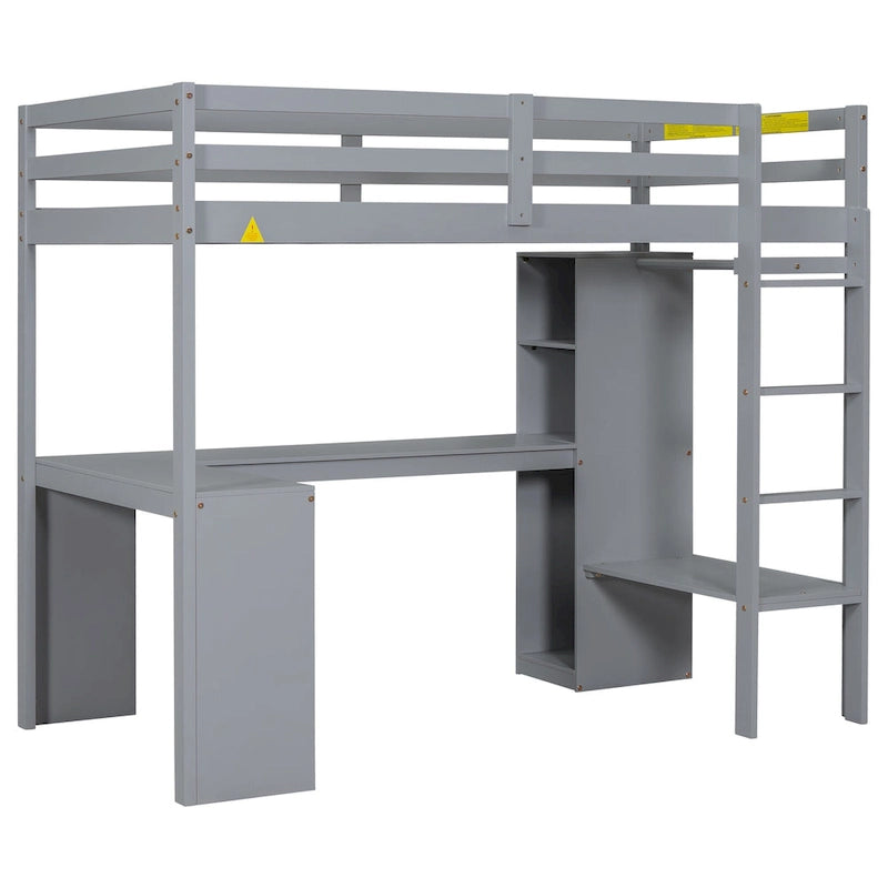 Solid Wood Loft Bed with L-shaped Desk & Storage