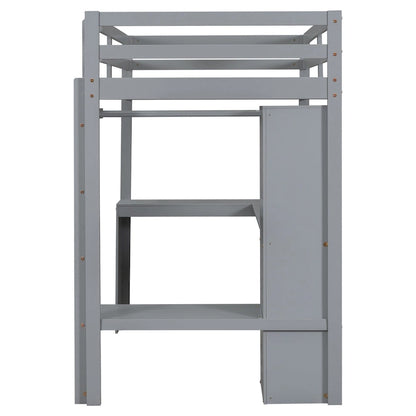 Solid Wood Loft Bed with L-shaped Desk & Storage