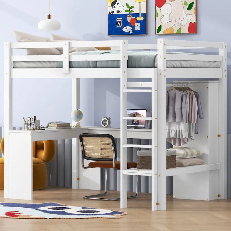 Solid Wood Loft Bed with L-shaped Desk & Storage