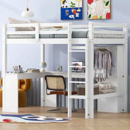 Solid Wood Loft Bed with L-shaped Desk & Storage