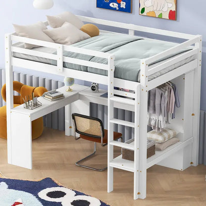 Solid Wood Loft Bed with L-shaped Desk & Storage
