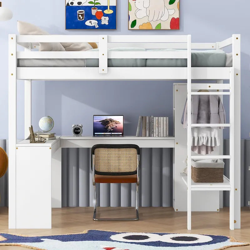 Solid Wood Loft Bed with L-shaped Desk & Storage