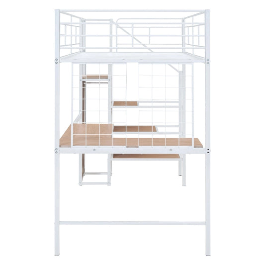 White Modern Twin Metal Loft Bed with Storage
