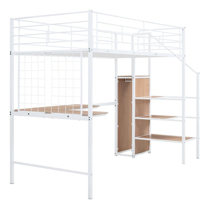 White Modern Twin Metal Loft Bed with Storage