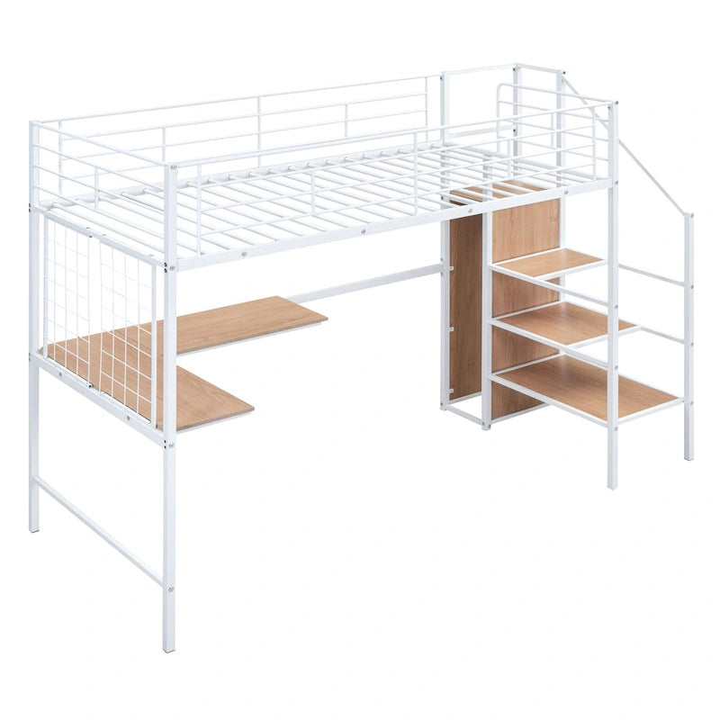 White Modern Twin Metal Loft Bed with Storage