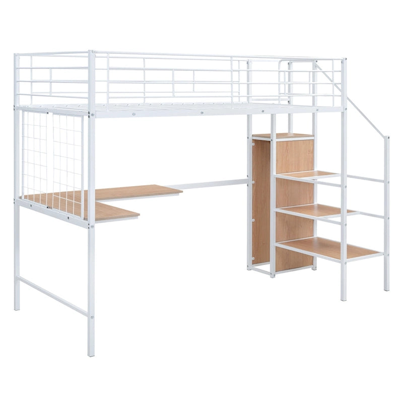 White Modern Twin Metal Loft Bed with Storage