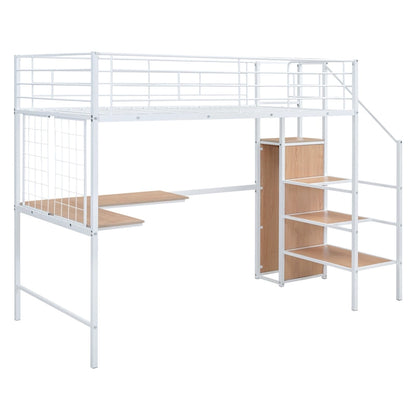 White Modern Twin Metal Loft Bed with Storage