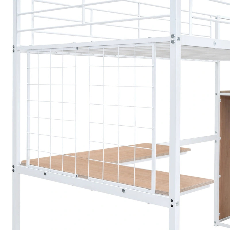White Modern Twin Metal Loft Bed with Storage