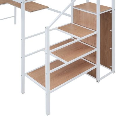 White Modern Twin Metal Loft Bed with Storage