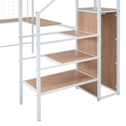 White Modern Twin Metal Loft Bed with Storage