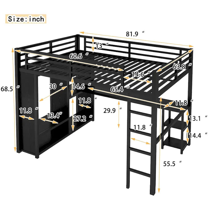 Black Queen Loft Bed with Built-in Wardrobe, Desk, and Storage Shelves, Space-Saving Design