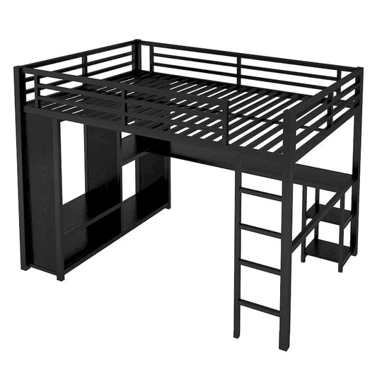 Black Queen Loft Bed with Built-in Wardrobe, Desk, and Storage Shelves, Space-Saving Design