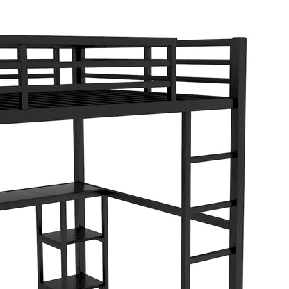 Black Queen Loft Bed with Built-in Wardrobe, Desk, and Storage Shelves, Space-Saving Design