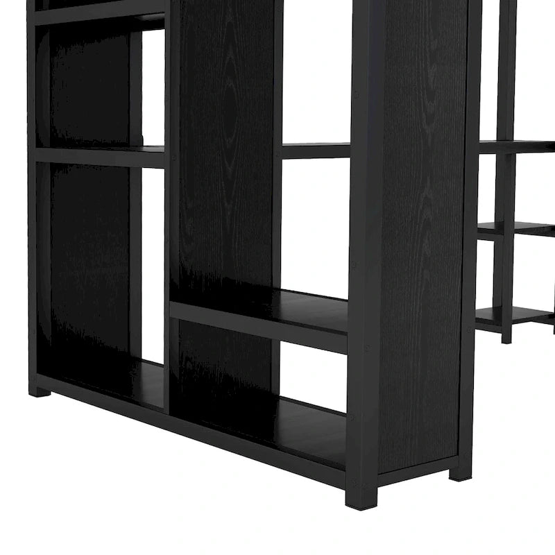 Black Queen Loft Bed with Built-in Wardrobe, Desk, and Storage Shelves, Space-Saving Design