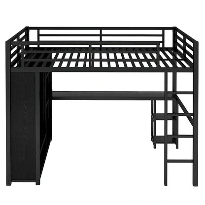 Black Queen Loft Bed with Built-in Wardrobe, Desk, and Storage Shelves, Space-Saving Design