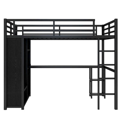 Black Queen Loft Bed with Built-in Wardrobe, Desk, and Storage Shelves, Space-Saving Design