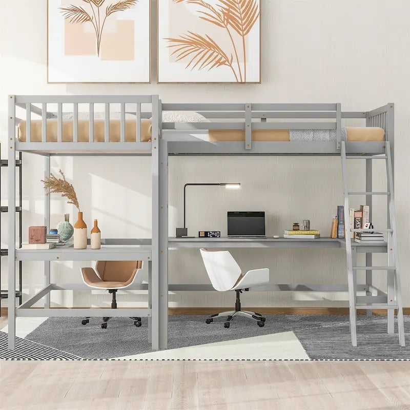 Merax Wood Twin Size L-Shaped Loft Bed with Ladder and 2 Built-in L-Shaped Desks