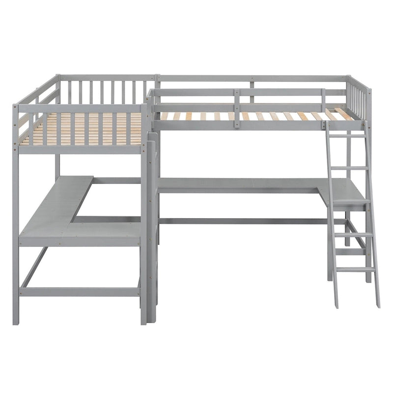 Merax Wood Twin Size L-Shaped Loft Bed with Ladder and 2 Built-in L-Shaped Desks