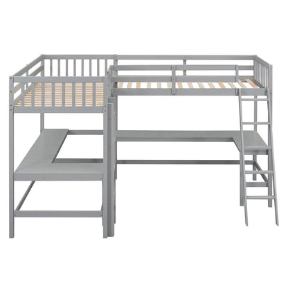 Merax Wood Twin Size L-Shaped Loft Bed with Ladder and 2 Built-in L-Shaped Desks