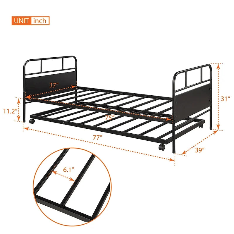 Twin Size Black Metal Daybed Bed with Trundle