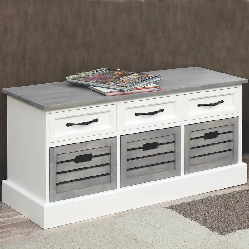 Two Toned Grey/ White Storage Bench with Drawers and Wooden Baskets