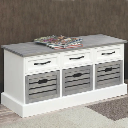 Two Toned Grey/ White Storage Bench with Drawers and Wooden Baskets