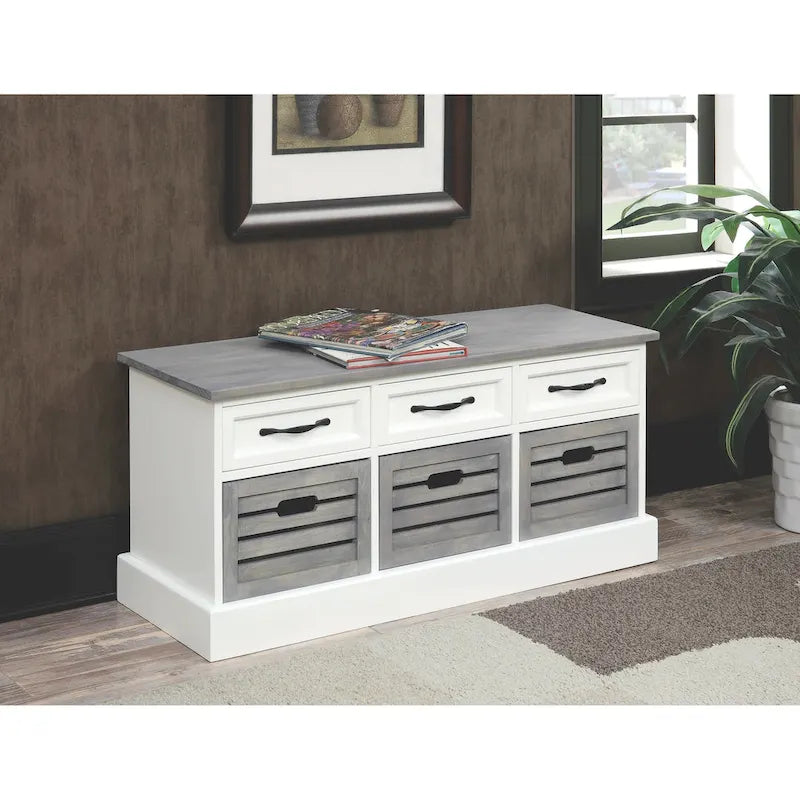Two Toned Grey/ White Storage Bench with Drawers and Wooden Baskets