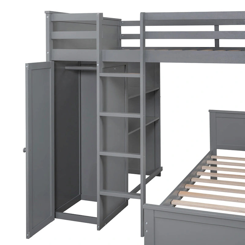 Loft Bed with a Stand-alone bed,Shelves,Desk,and Wardrobe