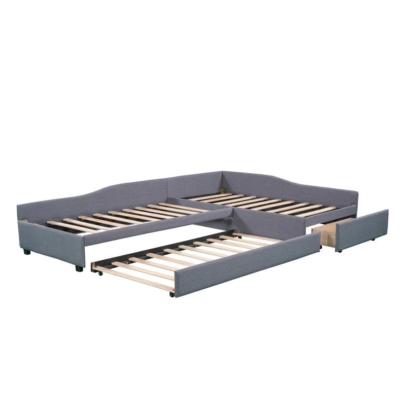 L Shaped Twin Daybed with Trundle, Upholstered Daybed with Storage Drawer, Double Twin Size Floor Platform Bed for Bedroom