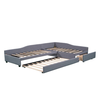L Shaped Twin Daybed with Trundle, Upholstered Daybed with Storage Drawer, Double Twin Size Floor Platform Bed for Bedroom