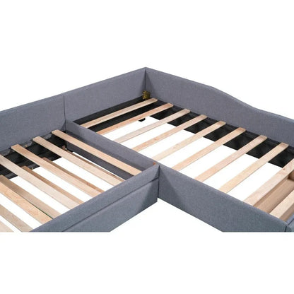 L Shaped Twin Daybed with Trundle, Upholstered Daybed with Storage Drawer, Double Twin Size Floor Platform Bed for Bedroom