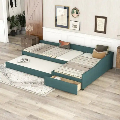 L Shaped Twin Daybed with Trundle, Upholstered Daybed with Storage Drawer, Double Twin Size Floor Platform Bed for Bedroom
